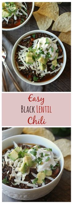 two bowls filled with black lentil chili and topped with sour cream, cilantro, tortilla chips