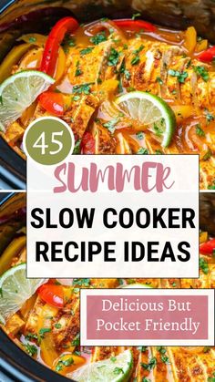 slow cooker recipe with text overlay that reads, summer slow cooker recipe ideas delicious but pockety