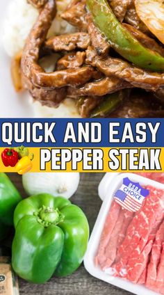 collage of pepper steak on top and peppers and steak on table in bottom image. Pepper Steak Recipe Easy, Easy Pepper Steak Recipe, Peper Steak, Pepper Sauce For Steak, Pepper Steak And Rice, Beef Pepper Steak, Pepper Steak Stir Fry, Strip Steak Recipe, Spring Recipes Dinner