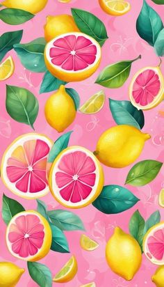 a pink background with lemons and leaves