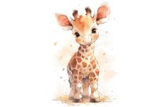 a baby giraffe standing in front of a white background with watercolor stains