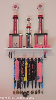 a shelf with several trophies and ribbons hanging from it