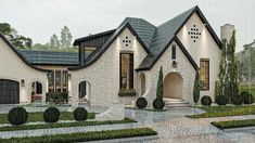 this is an artist's rendering of a house in the country with stone and brick accents