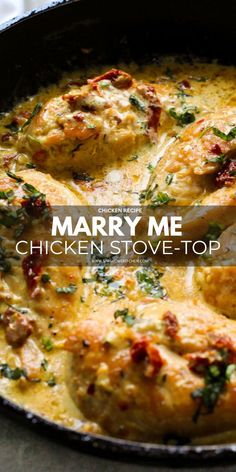 the cover of mary me's chicken stove - top recipe is shown in a skillet