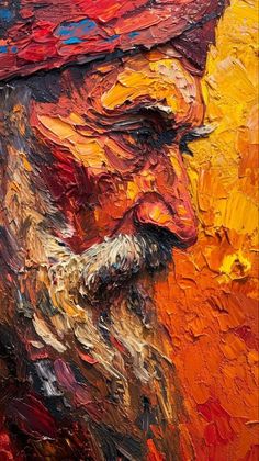 an oil painting of a man's face with red and yellow paint on it