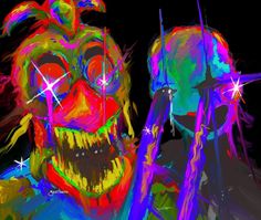 an abstract painting of two creepy looking people with bright lights on their faces and hands