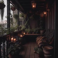 the porch is filled with potted plants and lit candles on the windowsills