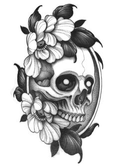 a skull with flowers on it's head is shown in this tattoo art design