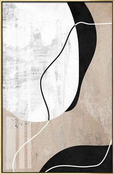 an abstract painting with black and white lines on the bottom, in a gold frame