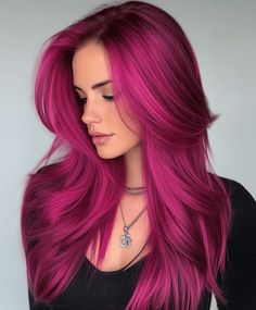 Bright Pink Hair Dark Roots, Pink Rose Hair Color, Pink Hair Costume Ideas, Underhair Color, Dyed Hair With Bangs, Bright Coloured Hair, Bright Hair Color Ideas, Fuschia Hair, Neon Pink Hair