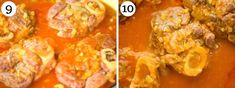 two pictures showing the process of cooking meat and tomato sauce in a pot, before and after it has been cooked