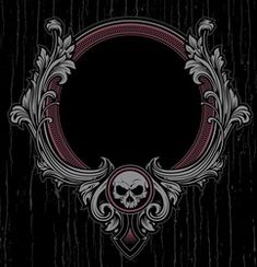 a black background with a skull in the center and an ornate frame around it,