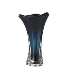 a black and blue vase sitting on top of a table