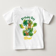 a baby t - shirt with the words birthday boy and an image of a monkey on it