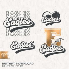 the logos for eagle eagles and eagles football teams are shown in gold, black and white