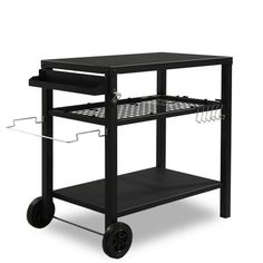 a black cart with two shelves and wire on wheels