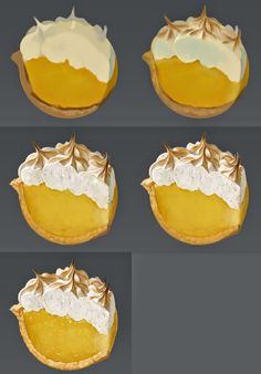 four different views of a pie with white frosting and gold leaf decorations on it