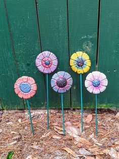 four colorful flowers are sitting in front of a green fence and some straw on the ground