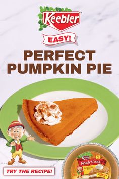 a piece of pumpkin pie sitting on top of a green plate