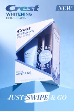 You’ve never seen teeth whitening like this! Using first-of-its-kind technology, Crest Whitening Emulsions delivers 5x more active peroxide droplets with virtually no sensitivity for better, faster, 100% whiter teeth. Teeth Whitening Gel, Whiter Teeth, Cosmetic Packaging Design, Architecture Tattoo, Whitening Kit, Education Design, New Packaging, Sensitive Teeth, White Teeth