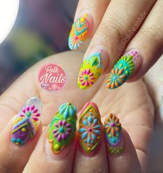 Serape Nails, Folk Nails, Mexican Inspired Nails Mexico, Mexican Themed Nails Acrylic, Talavera Nails, Fiesta Nails, Disney Gel Nails, Mexican Nail Art, Nails Mexican