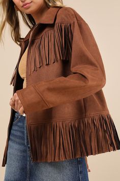 Style the Lulus Exceedingly Chic Brown Faux Suede Fringe Jacket with any outfit to achieve an effortlessly cool and vintage vibe! Soft faux suede shapes this retro-inspired jacket that features a classic collared neckline and long sleeves with subtle drop shoulders. The trendy oversized bodice boasts a hidden zip-front closure and fun fringe across the front and back for an eye-catching finish. Fit: This garment fits true to size. Length: Size medium measures 26.5" from shoulder to hem. Bust: Great for any cup size. Waist: Not Fitted - comfortable room throughout midsection. Fabric: Fabric has some stretch. Unlined. 90% Polyester, 10% Spandex. Hand Wash Cold. Do Not Bleach. Line Dry. Iron Low Heat. Imported. Lulus | Exceedingly Chic Brown Faux Suede Fringe Jacket | Size X-Small. Suede Fringe Jacket, Fringe Jacket, Suede Fringe, Suede Fabric, Vintage Vibe, Fringe Trim, Shein Style, Suede Jacket, Single Breasted