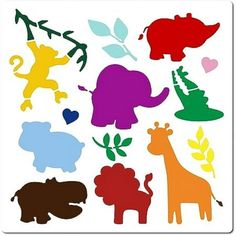 an elephant, giraffe and rhino silhouettes are shown in different colors