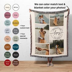 a woman holding up a blanket with photos on it and the words, we can color match