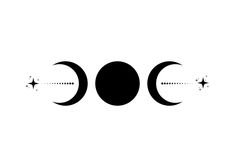 three phases of the moon in black and white, with stars on each one side