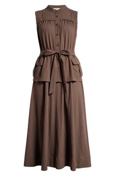 Cargo pockets lend utilitarian flair to a sleeveless midi dress cast in a delightfully earthy hue. 46" length (size Medium) Front button closure Band collar Sleeveless Side cargo flap-patch pockets Removable tie belt Unlined 65% polyester, 35% nylon Dry clean Imported Sleeveless Midi Dress With Pockets For Work, Midi-length Sleeveless Dress With Pockets For Work, Midi Length Sleeveless Workwear Dress With Pockets, Midi Length Sleeveless Dress With Pockets For Work, Brown Midi Dress With Pockets For Summer, Brown Spring Midi Dress With Pockets, Brown Summer Midi Dress With Pockets, Brown Workwear Dress With Pockets, Brown Sleeveless Knee-length Dress For Work