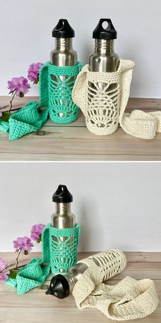 crocheted water bottle covers are displayed on a table with flowers and scarfs