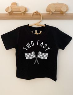 Thanks so much for choosing my small shop! Please enjoy free standard shipping on any order over $35, no code necessary. Be sure to reach out with any questions, concerns, or customization requests.  + Item details: High quality direct-to-film print on a soft gerber t-shirt in your choice of white, black, or beige. Sizes 12 months and smaller available on a onesie. + Shipping time: Please allow at least 2 weeks for delivery. All items are made to order and have a processing time of 4-5 business days prior to shipping. I recommend reaching out at the time of order if you have a special date this is needed for, and/or purchasing a rush order to expedite the processing time if needed sooner. Rush order can be purchased here: + Please ensure your shipping address is accurate prior to placing y Too Fast Birthday Party, Two Fast Birthday Party, Second Birthday Shirt, Race Flag, Two Fast Birthday, Neutral Party, Toddler Birthday Party, Birthday Themes For Boys, Car Birthday