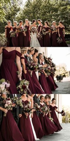 the bridesmaids are all dressed in maroon dresses and bouquets for their wedding