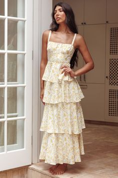 Provence Bloom Tiered Midi Dress Floral Yellow Bridgerton High Tea Outfit, White Kitten Heels, High Tea Dress, 2024 Clothes, Midi Dress Floral, White Kitten, Yellow Maxi Dress, Yellow Bridesmaids, Yellow Floral Dress