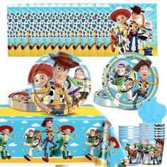 toy story birthday party supplies including plates, napkins and tableware set for 16 guests