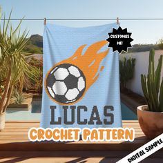 a soccer ball on fire with the words lucas crochet pattern next to it