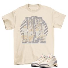 We Outside, Jordan 3 Muslin Matching Sneaker T-Shirt The unisex soft-style t-shirt puts a new spin on casual comfort. Made from very soft materials, this tee is 100% cotton for solid colors. Heather colors and sports grey include polyester. The shoulders have twill tape for improved durability. There are no side seams. The collar is made with ribbed knitting to prevent curling damage. \n.: 100% Cotton (fiber content may vary for different colors)\n.: Light fabric (4.5 oz/yd² (153 g/mn.: Eurofit\ Muslin 3 Outfits, Casual Comfortable Fit T-shirt With Letter Print, Casual Beige Shirt With Graphic Print, Casual Beige Graphic Print Shirt, Beige Cotton T-shirt For Streetwear, Soft-washed Short Sleeve Streetwear Shirt, Casual Comfortable Fit T-shirt With Graphic Print, Beige Crew Neck Shirt For Streetwear, White Tri-blend Top For Streetwear