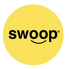 the swoop logo is shown in black on a yellow circle with a smiley face