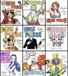 the one piece characters are all drawn in different styles and colors, with their names on them