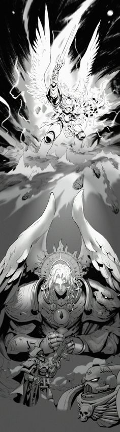 an artistic black and white image of two angels in the water with their wings spread out