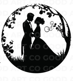 a silhouette of a bride and groom kissing in front of a tree with leaves on it