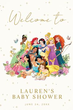 the disney princess baby shower sign is shown