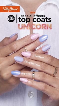 Transform any Miracle Gel shade with our color-shifting Unicorn Top Coat. Go beyond color with our new Miracle Gel Special Effect Top Coat collection. Unicorn Top Coat Nails, Sally Hansen Unicorn Top Coat, Clear Glitter Nails, Unicorn Top, Mickey Nails, Beauty Hacks Nails, Subtle Nails, Nails Polish