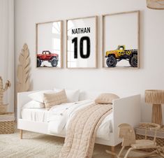 a bedroom with two pictures hanging on the wall