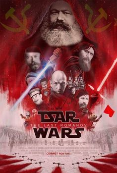 the poster for star wars is shown in red and white with many characters on it