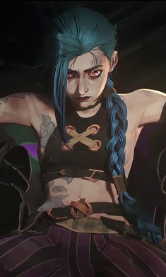 a woman with blue hair and scissors on her chest, sitting in front of a dark background