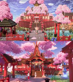 an animated scene with cherry blossom trees in the background