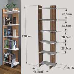 an image of a book shelf with books on it and the measurements for each shelf