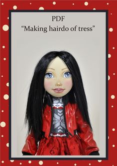 a doll with long black hair wearing a red leather jacket and polka doted background