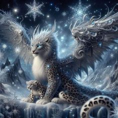 a cat and a leopard are sitting in the snow with an angel on their back